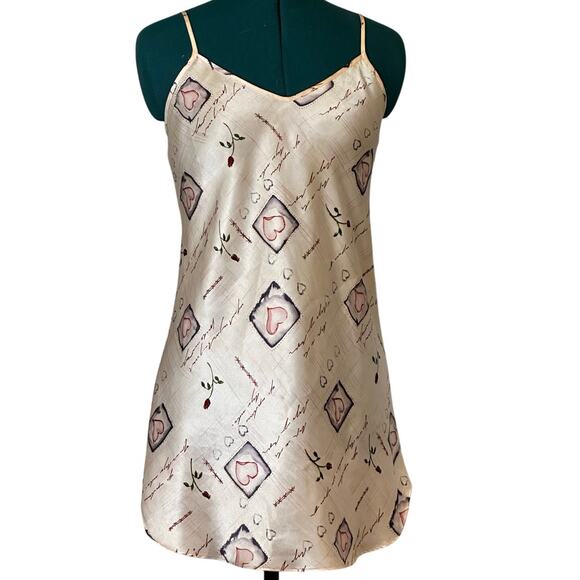 Vintage Lillianna Satin Heart & Rose Print Mini Slip Dress Ivory Pink Size Small - Picture 4 of 7